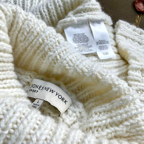 Jones NY Sweater Turtleneck Chunky Knit Ivory Cream Wool Blend (L) - Picture 6 of 7